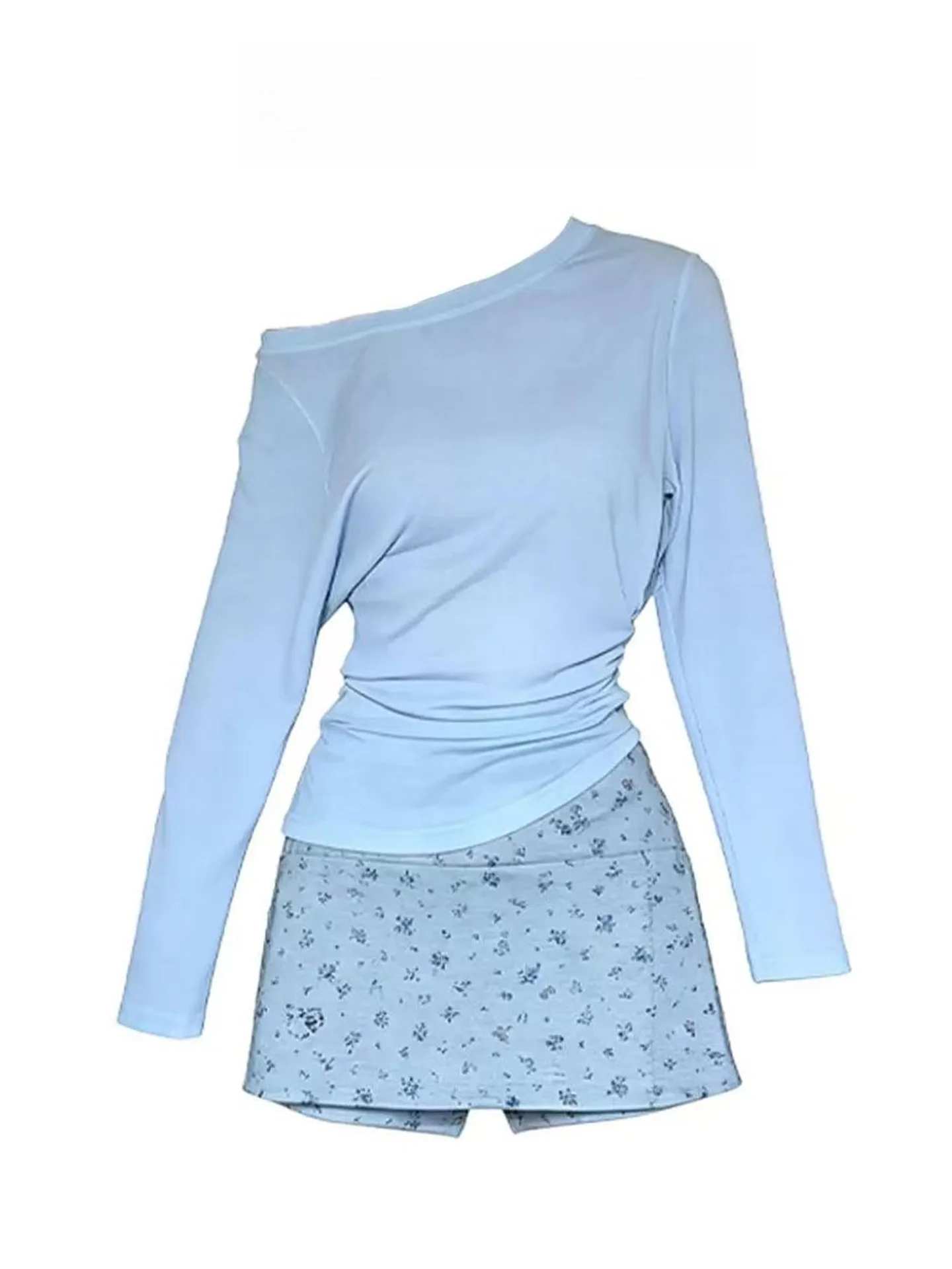 

Korean Style Blue Asymmetrical Pleated Shoulder T-Shirt Cover up Women Summer Spicy High Waist Floral Skirt Pants Set