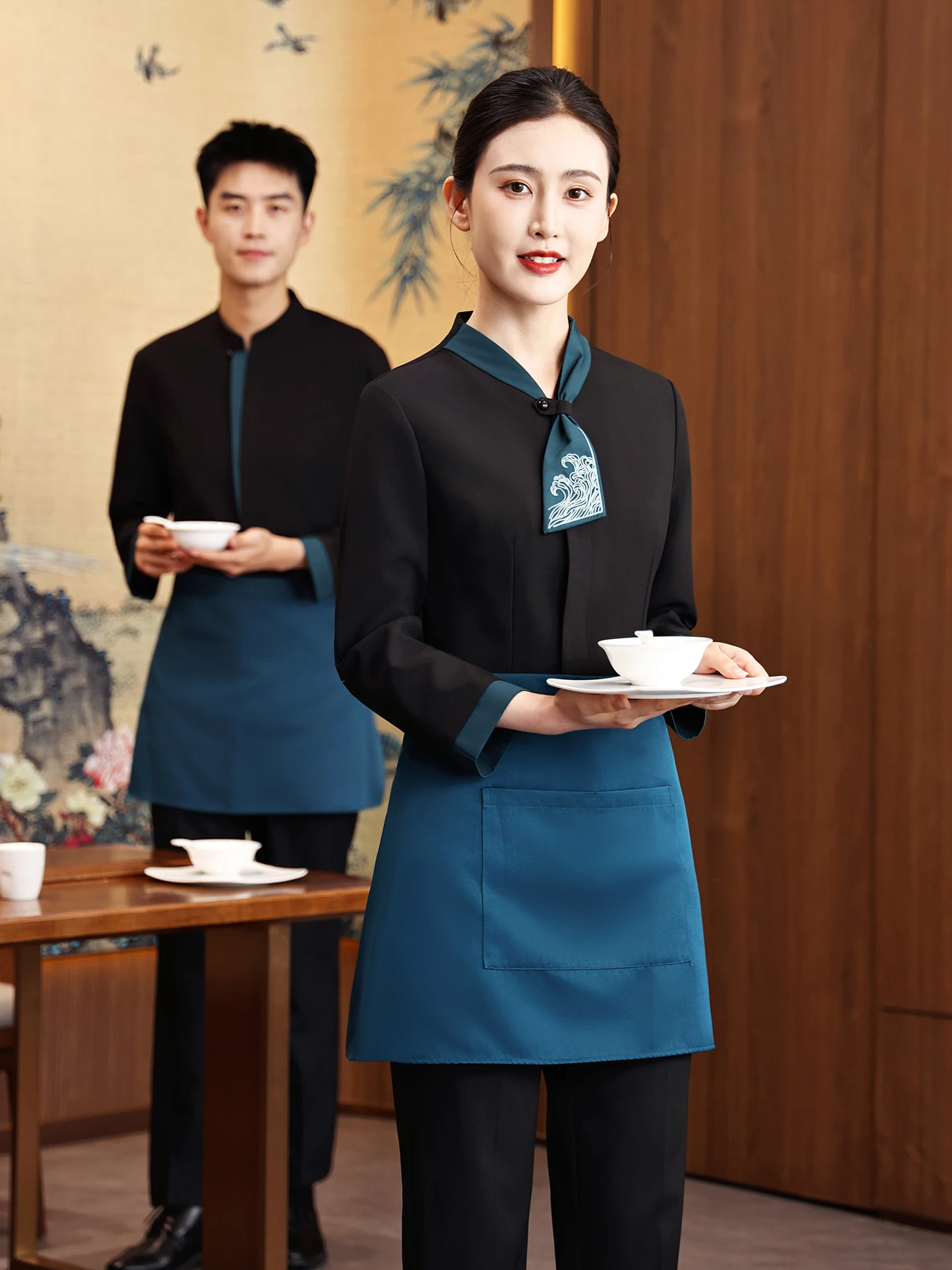 2025 Long Sleeve Chinese Style Restaurant Work Uniform Women Luxury Hotel Waitress Outfit Elegant Cleaning Uniform Server Attire