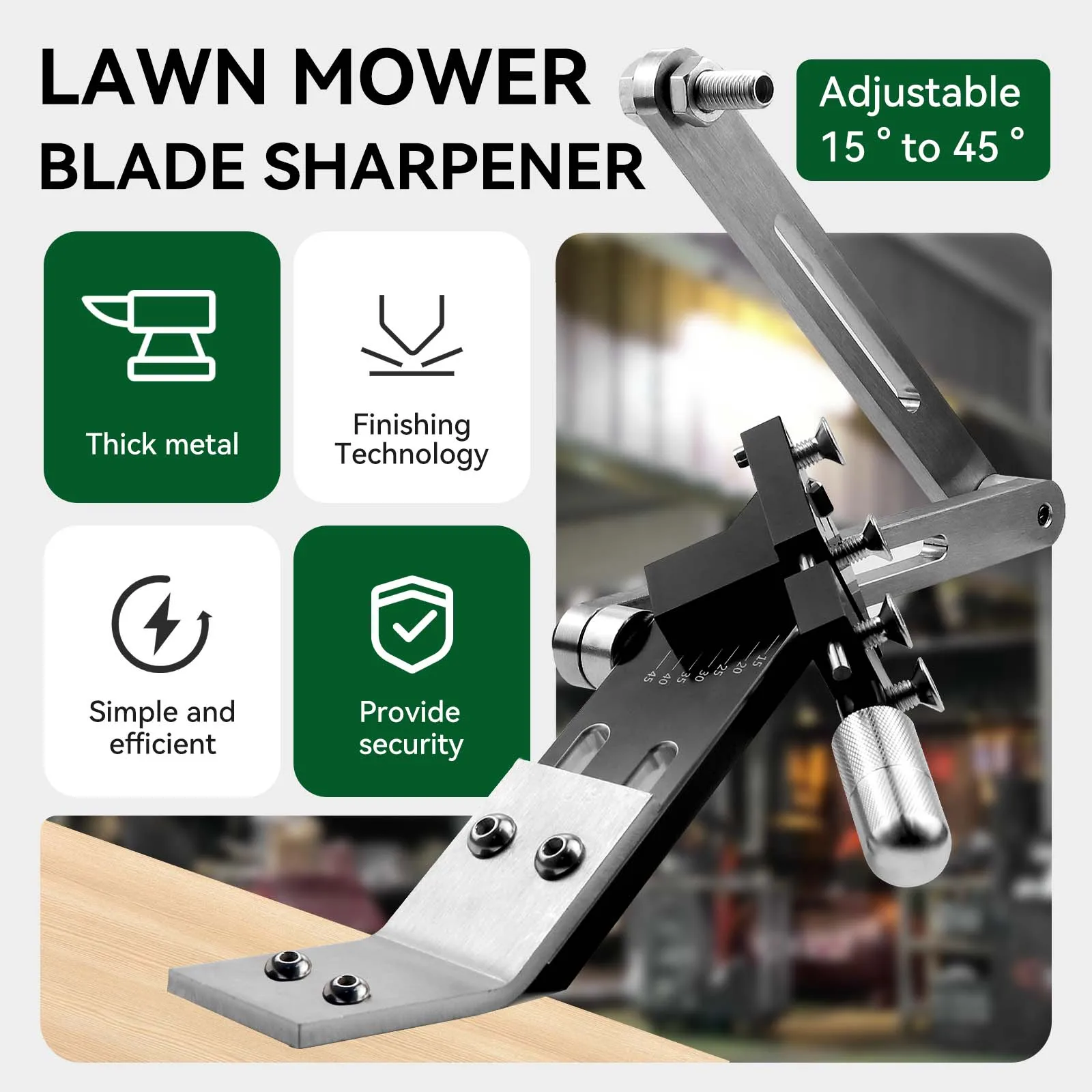 Professional Lawn Mower Blade Sharpener 15°-45° Adjustable, Heavy-Duty Steel, Fits Most Mower Blades with Non-Slip Grip