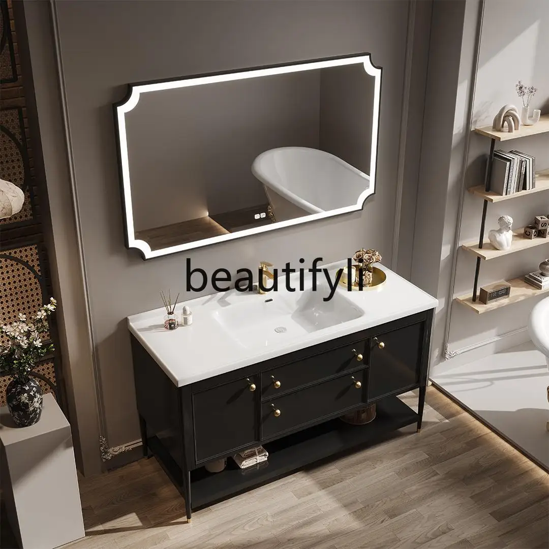 

ceramic integrated basin French floor-to-ceiling rubber wood paint bathroom cabinet bathroom washstand customization