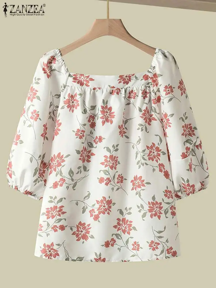 ZANZEA blusa informal Coreana de media manga para mujer, blusa fina con estampado Floral, Tops con cuello cuadrado, camisa holgada para vacaciones de verano