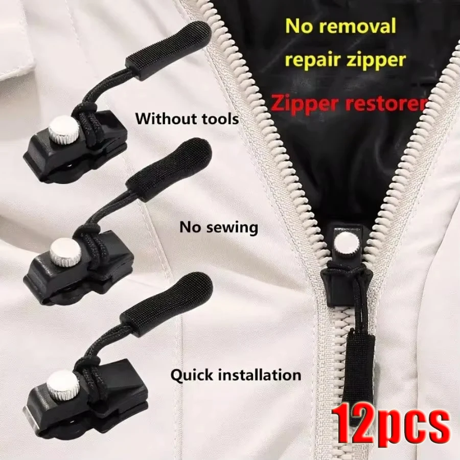3-12Pcs Universal Zipper Repair Kit Quick Instant Detachable Zipper Head Replacement Zipper Slider Pull Jacket Bags Coat DIY Sew
