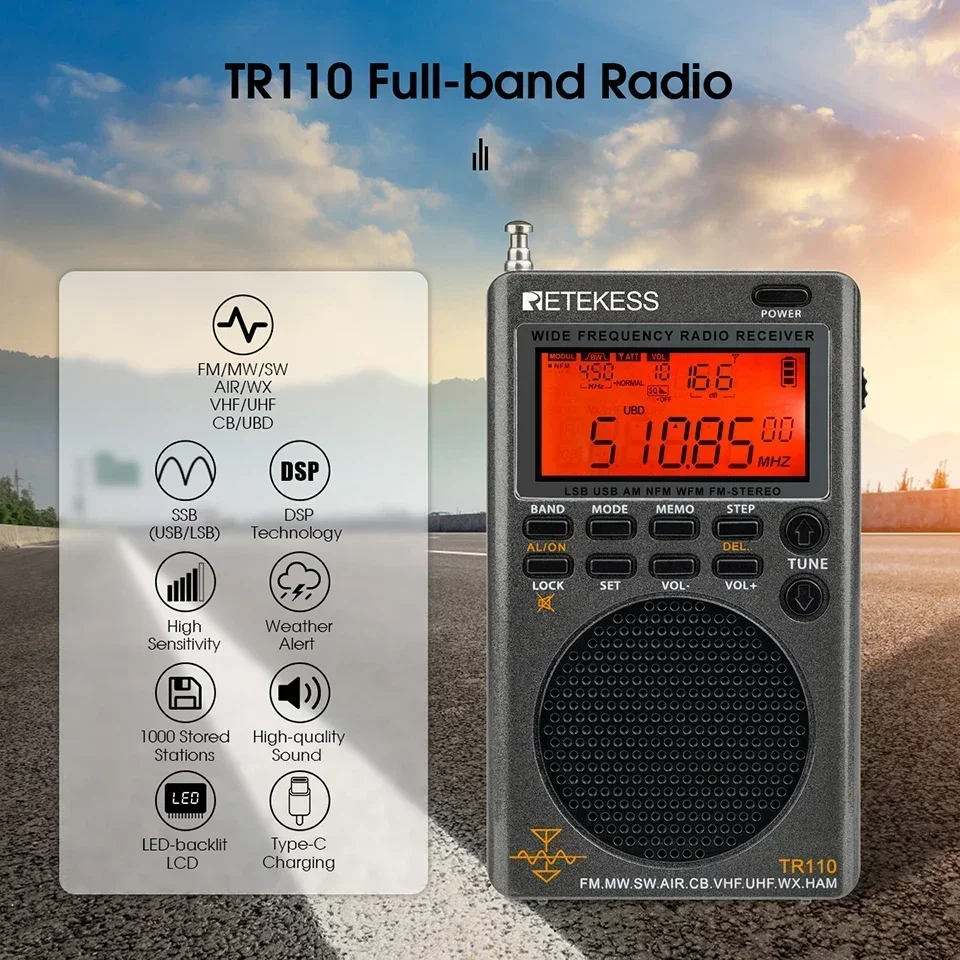 Neu! Retekess TR110 Radio FM-Empfänger Tragbare Kurzwellenradios AM FM All Waves Band CB AIR Band Amateurfunk SW MW LSB VHF UHF