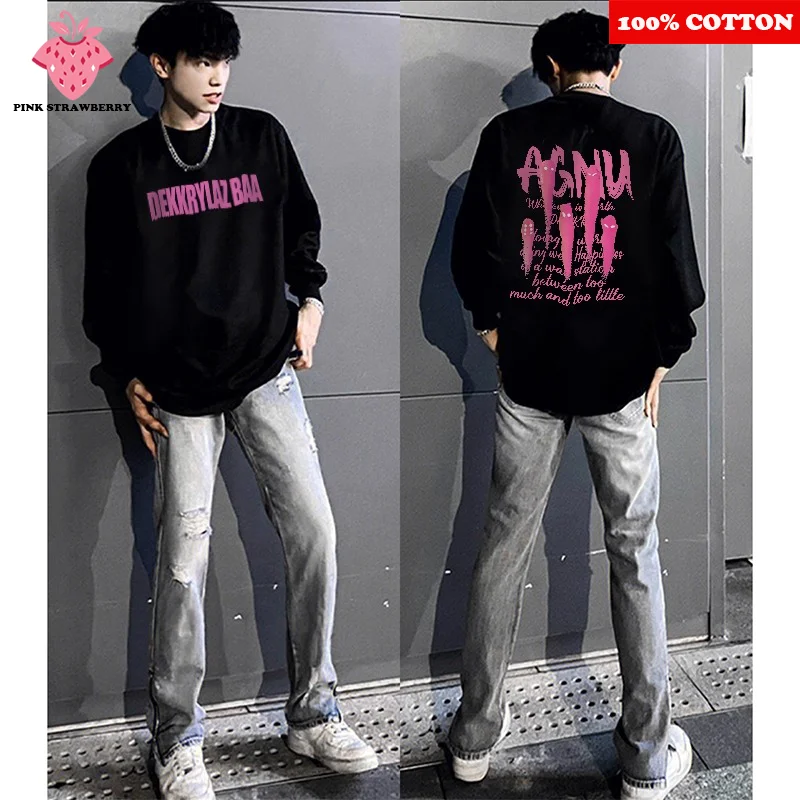 

American Street Letter Print T-shirt Men Autumn 2025 New 100% Cotton Black O-Neck Long sleeves Tee Casual Y2k Top mens clothing
