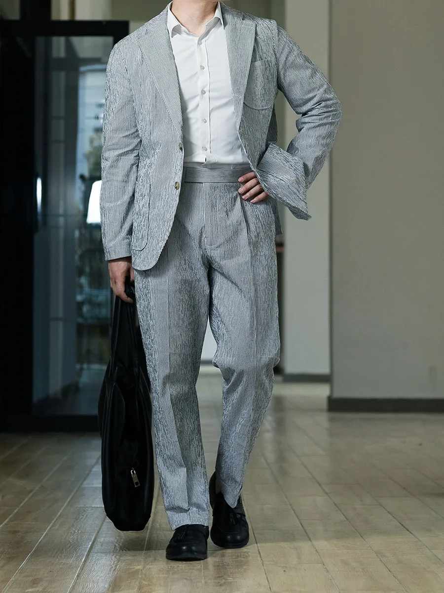 POT&CRAFTSMAN spring and summer new men's black striped cotton bubble yarn casual pants Slim nine pants Paris buckle