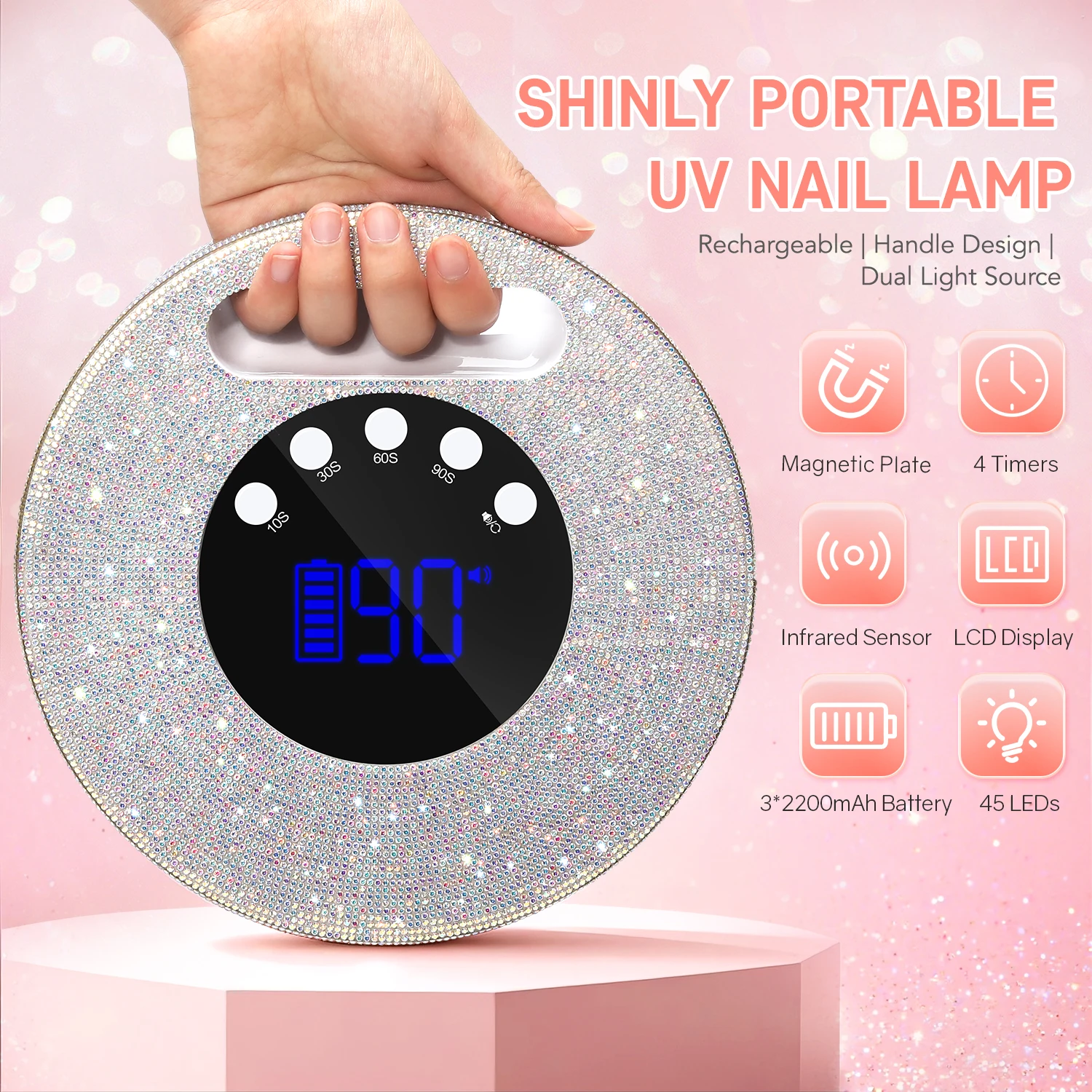 โคมไฟเล็บ LED แบบ UV ทรงกลมเพชรพร้อมแหล่งกำเนิดแสงคู่, ไฟ LED 45 ดวง, จอแสดงผล LCD, ตัวตั้งเวลา 4 ตัว, เซ็นเซอร์อินฟราเรด, ฐานแม่เหล็ก 2200mAh