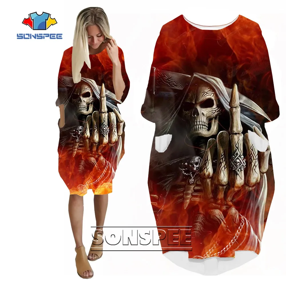 

SONSPEE 3D Printing Harajuku Cartoon Hip Hop Women's Dress Horror Skull Demon Pattern Skirt Fashion Personality Long Sleeve Gown