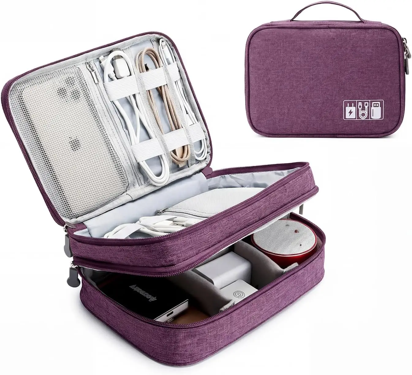 

Lanola Travel Cable Organizer Bag, Electronic Accessories Case Portable Double Layer Cable Storage Bag for Cord,phone,Charger, Flash Drive, Phone, SD Card,Personal Items - (Purple)