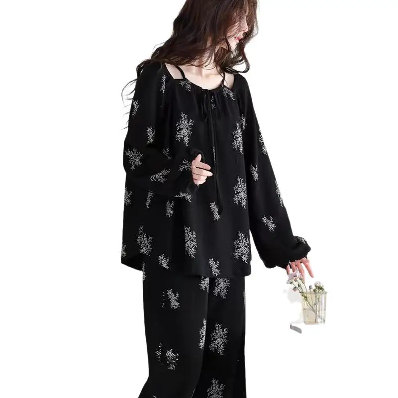 ホットな女性のプリントパジャマセット女の子セクシーなゆったりとしたシンプルな長袖レジャーウェアアウターウェア四季ホーム服新しい