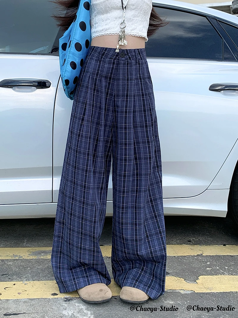 المرأة الصيف الخريف عالية الخصر واسعة الساق منقوشة السراويل سيدة الشارع الشهير كامل طول فضفاض مستقيم السراويل الطويلة