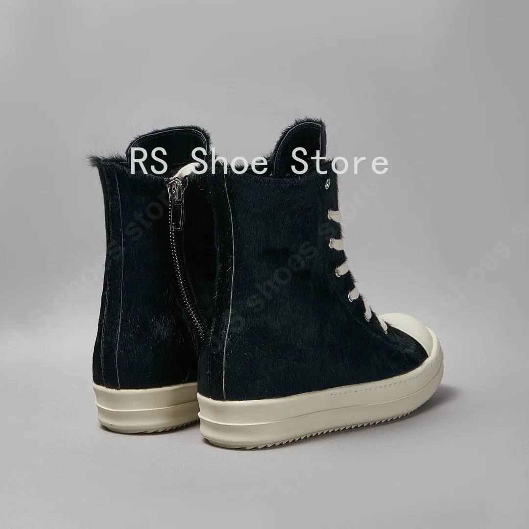 

Ro Luxury Men shoe Horse Hair Women High Top Sneaker Black Horsehair Boots Zipper Lace Up Outside Flat Ankle Boot