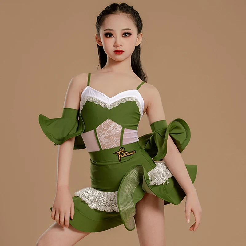 Jupe filles femmes robe de compétition Cha Cha vêtements de danse 2025 danse latine Performance vêtements vert couverture en dentelle arête de poisson