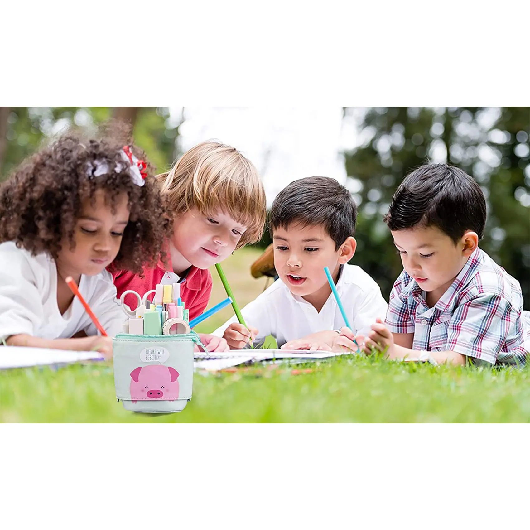 Stand Up Pencil Holder Pencil Case Pen Bag Cute Cartoon Stationery Organizer Cosmetics Pouch for Students(Pink)