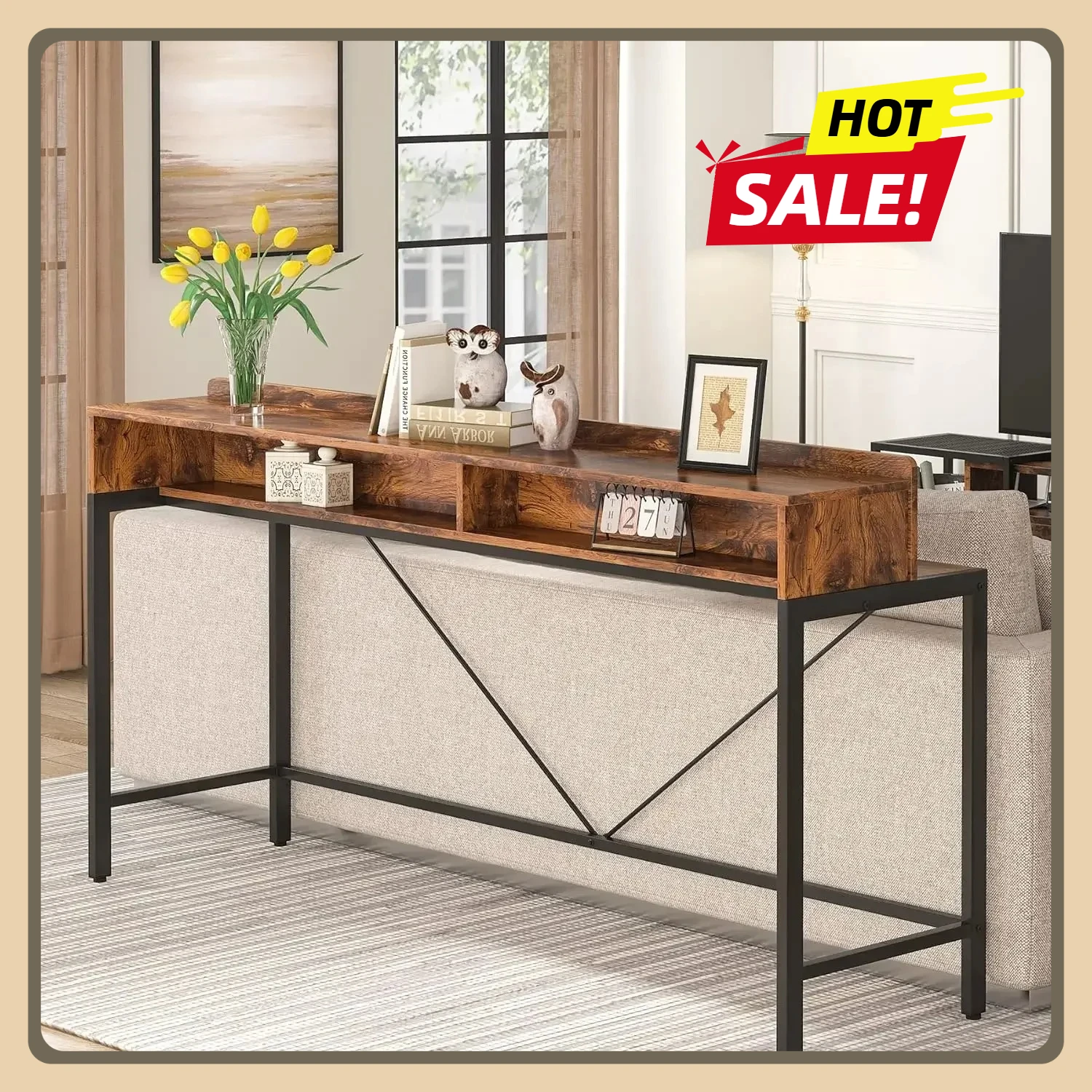 Extra Long Sofa Table with Storage, Industrial Table Behind Sofa, 2-Tier Bar Height Console Couch 70.9 Inch with Open Shelves