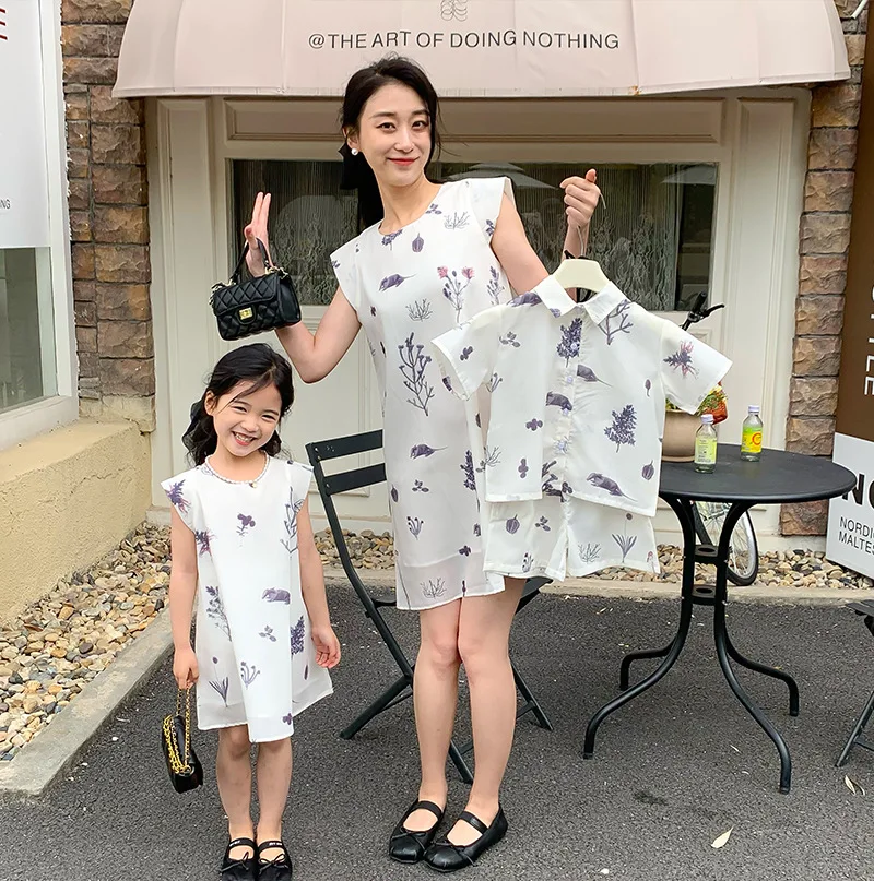 Mom and Daughter Equal Dress Baby Boy Beach Shirt and Shorts Two Piece Sets Chinese Style Mom Son Matching Clothes Women Dresses