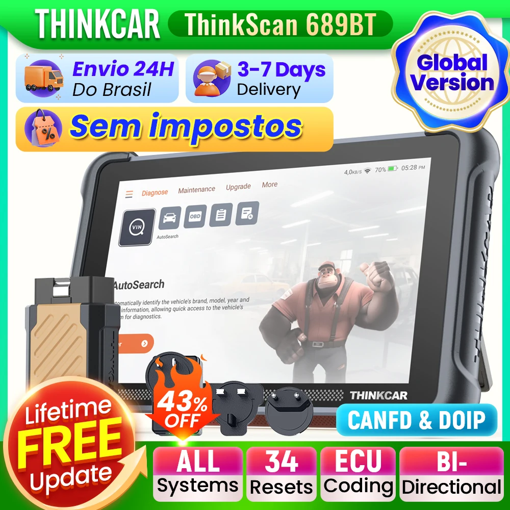 THINKCAR THINKSCAN 689BT Ferramenta de diagnóstico automotivo Scanner OBD2 bidirecional Codificação ECU CANFD DOIP FCA Autoauth 34 Reinicia todos os sistemas Atualização vitalícia gratuita