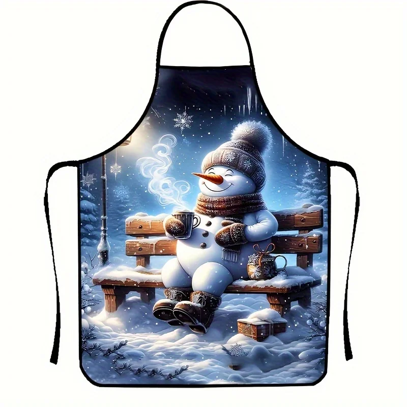 

1pc Snowman Christmas Apron Festive Snowman in Winter Scene with Snowflakes Durable Easy-Clean Polyester