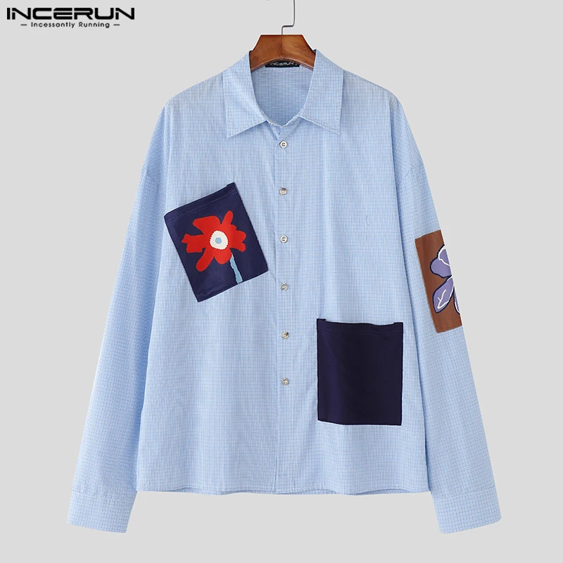 INCERUN Männer Hemd Plaid Patchwork Revers Lange Hülse Lose Beiläufige Männer Kleidung Streetwear Koreanischen Stil 2025, Mode Männlichen Shirts