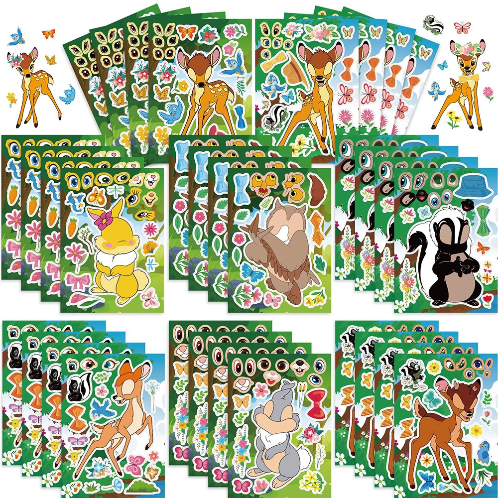 

8/16sheets Disney Bambi Cute Puzzle Stickers Make a Face Cartoon Creative DIY Assemble Jigsaw Education Toy Decals Decoration