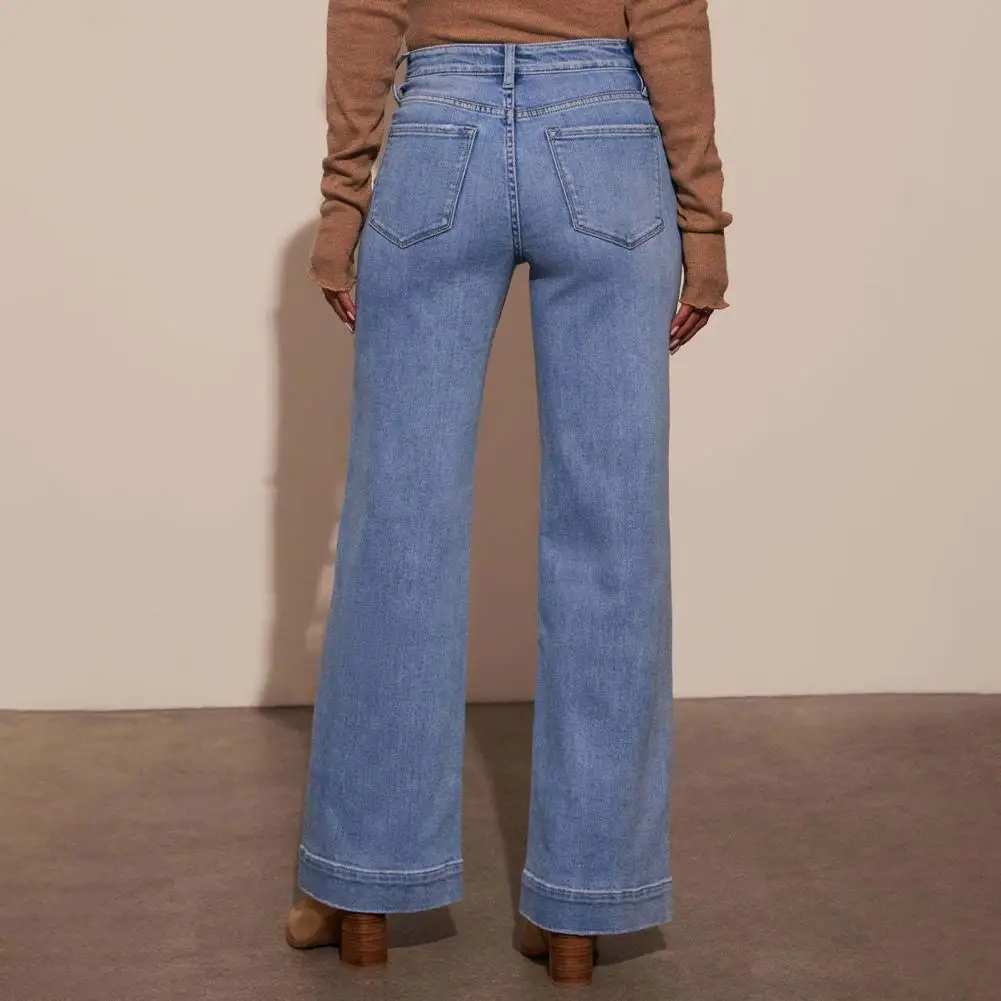 جينز مستقيم للنساء مع جيوب متعددة عالية الخصر زر سستة إغلاق السراويل بلون خمر نمط سراويل جينز للاستخدام اليومي