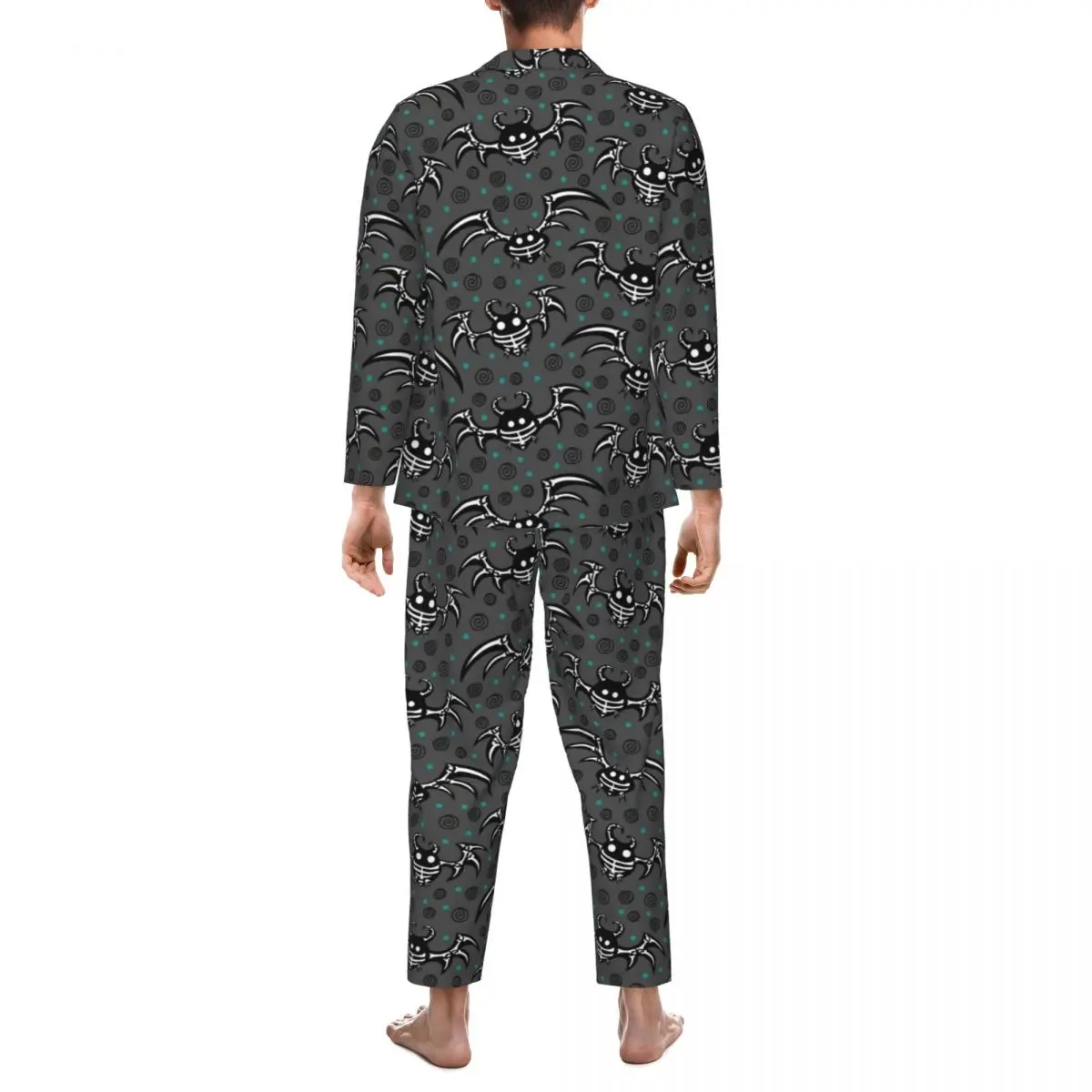 Skeleton Bats Pajamas Set Green Dots Print Trendy Sleepwear Male Long Sleeves Retro Room Two Piece Home Suit Big Size XL 2XL