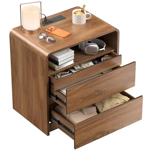 

23.8 Inch Walnut Curved Mid-Century Bedside Table With Open Shelf, Triple Drawers, And Integrated Charging Port