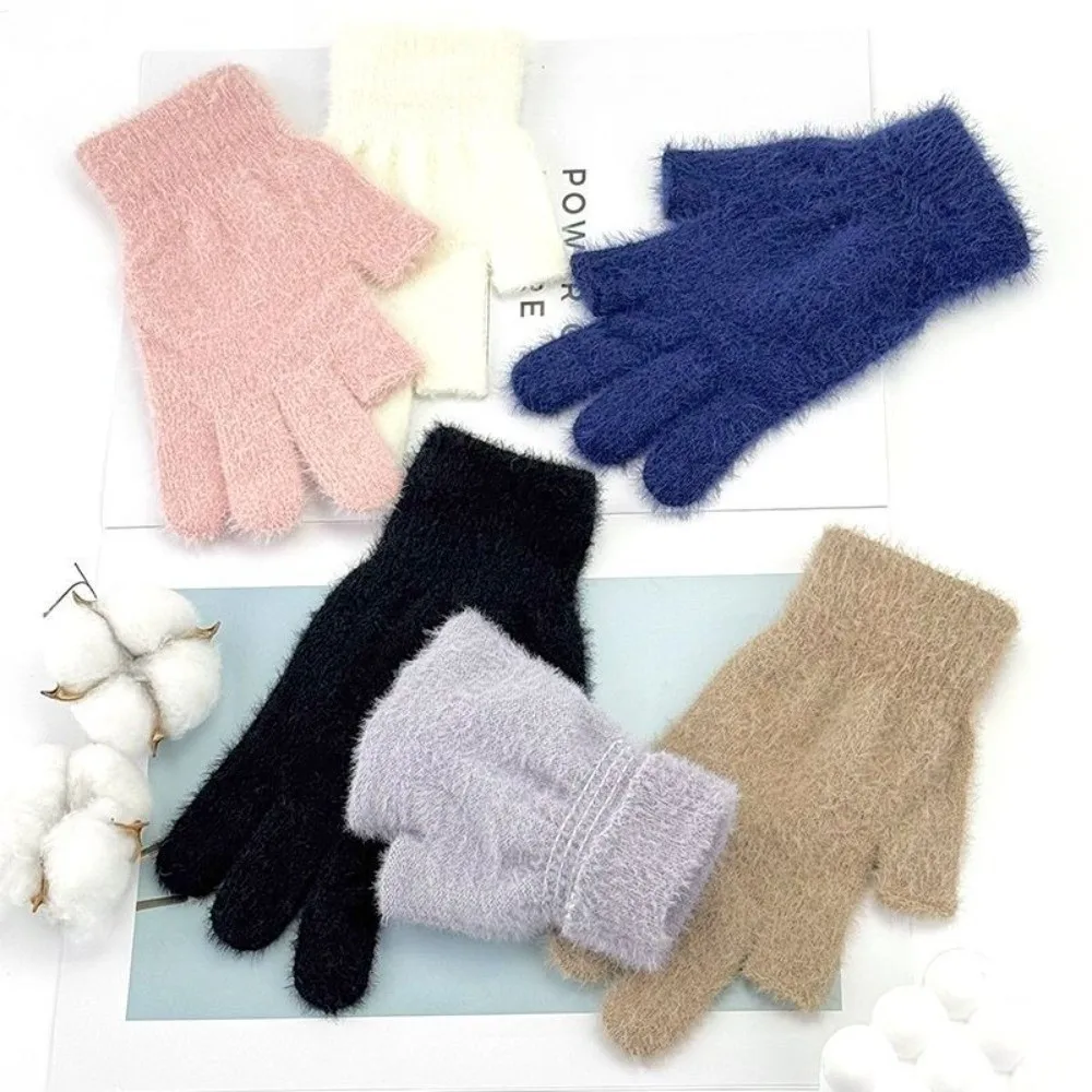 Solid Color Touch Screen Gloves Windproof Faux Rabbit Fur Two-Finger Gloves Knitted Fabric Unisex Design Warm Winter Gloves