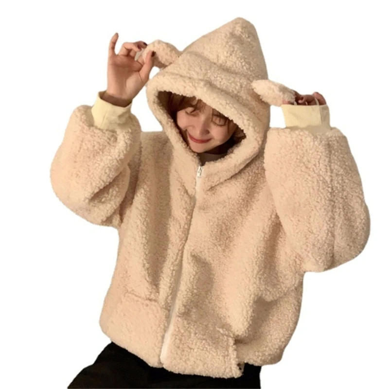 Women Long Sleeve Fleece Cute Bear Ears Hoodie Coat Zipper Up Faux Lamb Wool Oversized Sweatshirt Jacket with Pockets Dropship