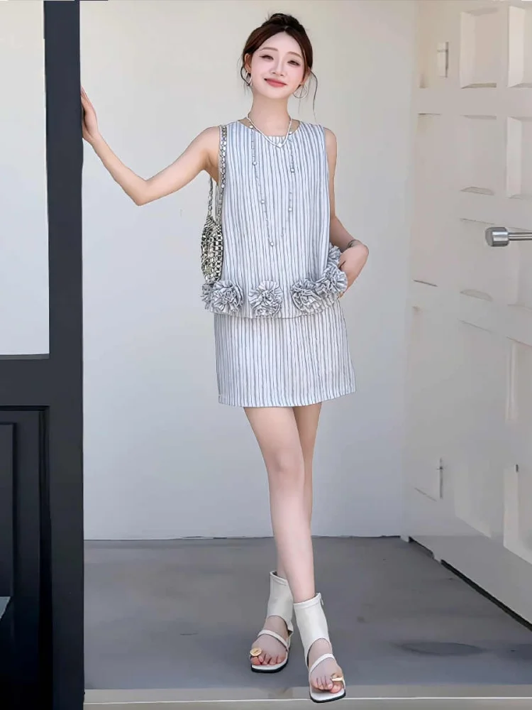 

Chic Gentle Women's Svel Top And Skirt Set Unique Non-Repeating Pattern ort Sve round Ne Spring Summer Faion