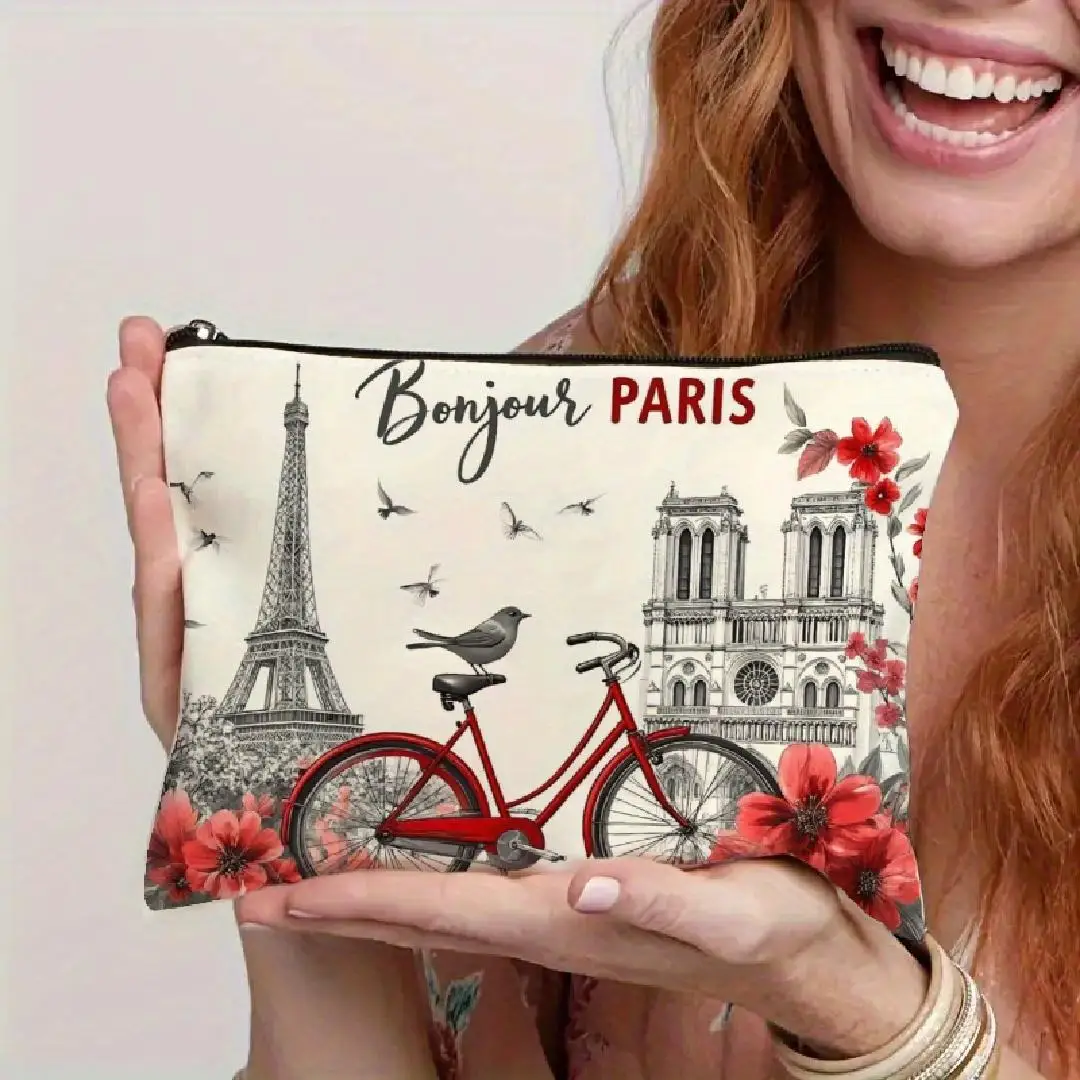Uma bolsa de maquiagem da Torre Eiffel – Bolsa de maquiagem portátil multifuncional de grande capacidade, bolsa de armazenamento pequena com zíper de viagem perfeita.