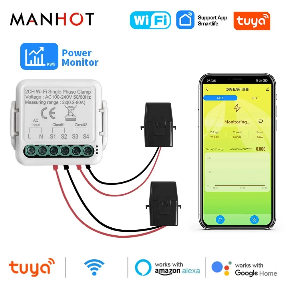 Tuya 80A WiFi Smart Single Energy Meter With Current Transformer Clamp App Monitor Power Meter Product Electric Consumption