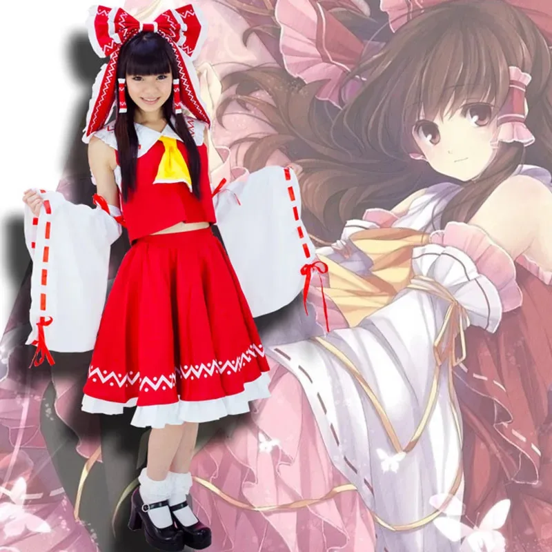 dd12Touhou Project Reimu Hakurei النساء الرجال هالوين مجموعة كاملة تأثيري حلي شعر مستعار أحذية الدعائم