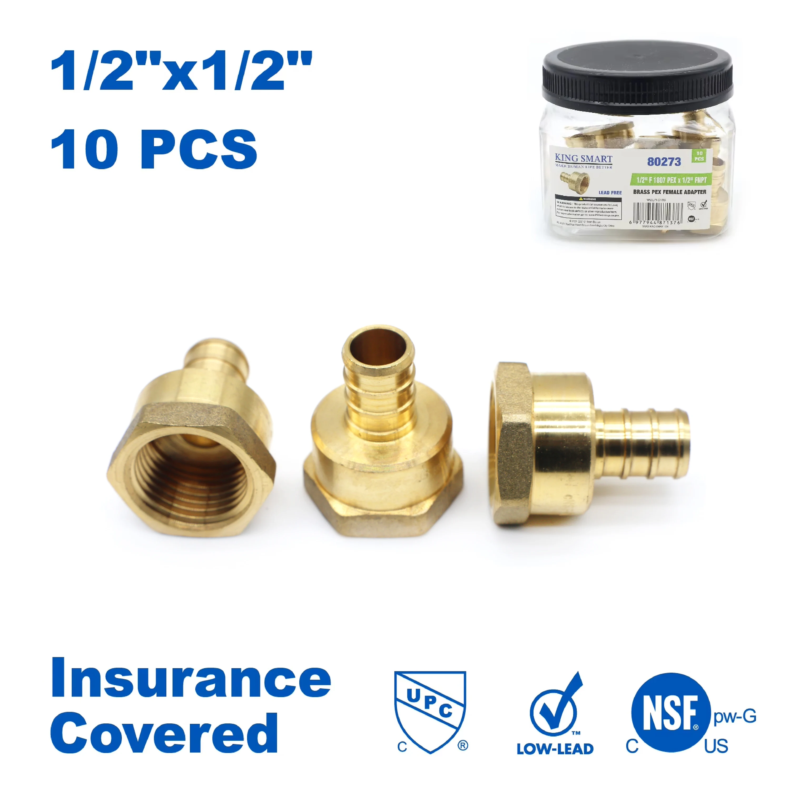

KING SMART 1/2" Crimp pex Female NPT Straight Adapter; Lead Free Brass; 10Pcs/Case; 80273