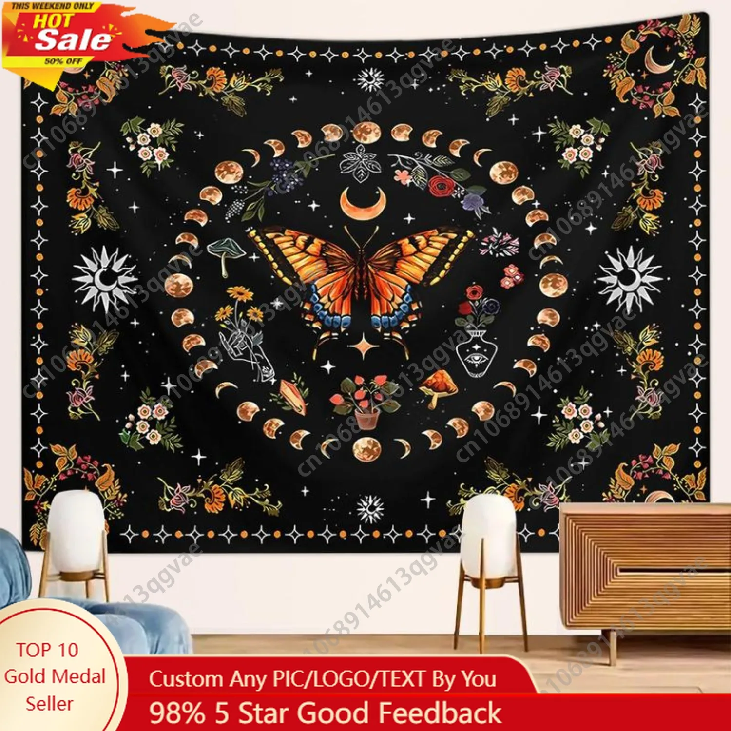 

Butterfly & Moon Pattern Tapestry Bohemian Style Wall Decorating Hanging Tapestry Wall Decor for Home Living Custom Decoration