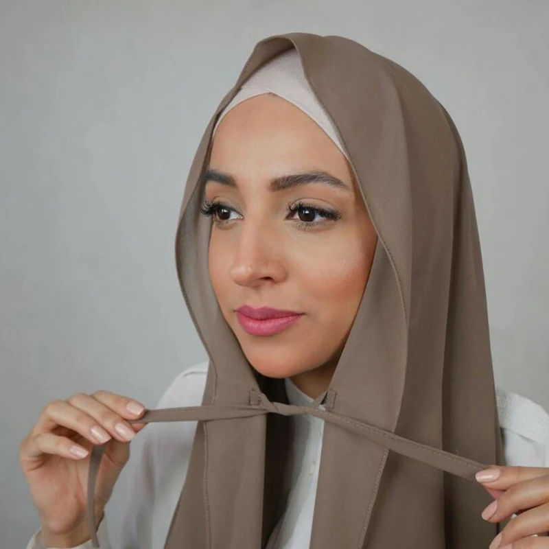 Chiffon Hijab With Tie Muslim Fashion Women Headscarves Headwraps Ladies Shawl Ramadan Solid Color Islam Turban