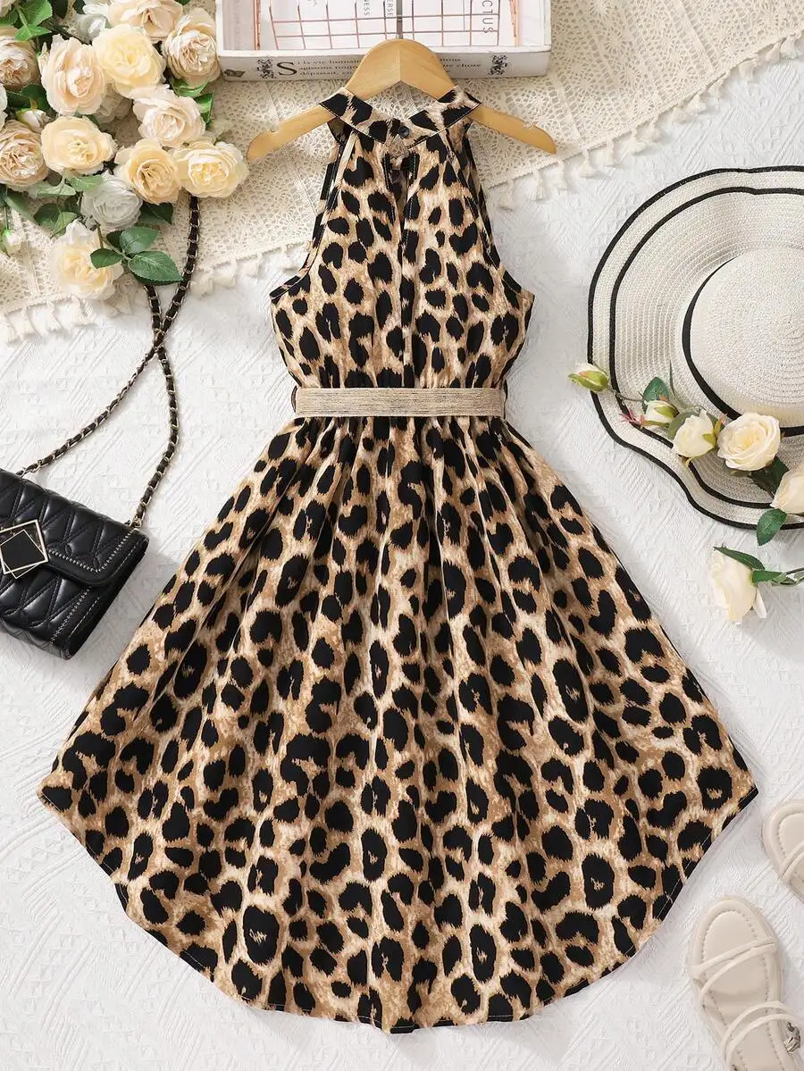 

Leopard Print Sleeveless Halter Dress With Belt Summer Vacation