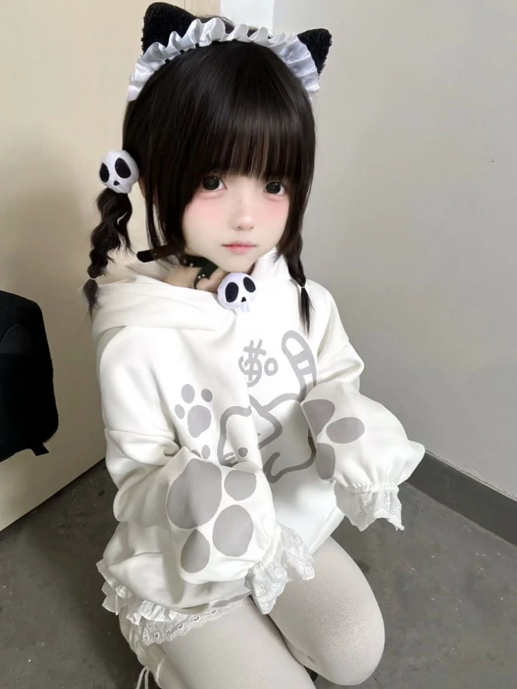 Kawaii الكرتون طباعة هوديي المرأة عادية فضفاض جيب هودي Y2k الجمالية البلوز المتضخم الشارع الشهير اليابانية الخريف جديد