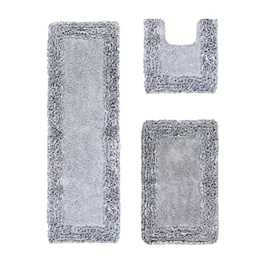 

Shaggy Border Collection 3 Piece Bathroom Set Rectangle Rugs 100 Cotton Silver Bath Mat Water Absorbent and Non-Slip Doormat