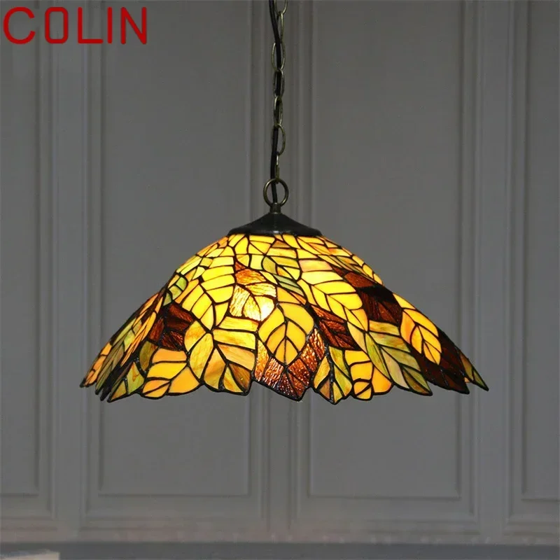 COLIN Tiffany Glass Pendant Lamp LED Creative Leaf Pattern Hanging Light Decor for Home Dining Room Bedroom Hotel