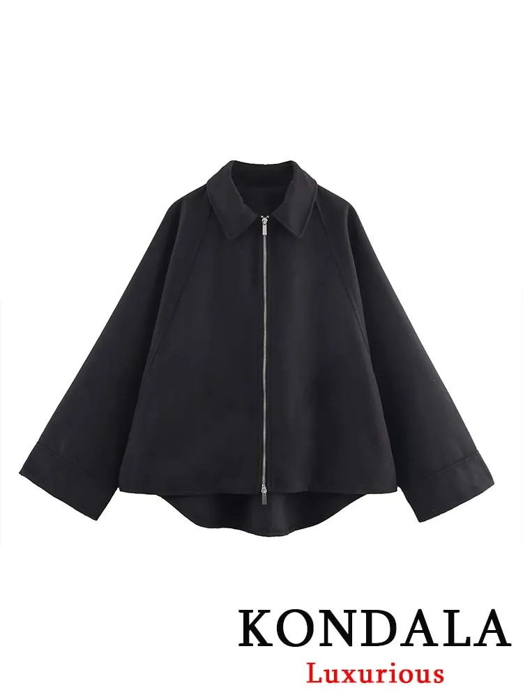 

KONDALA винтажные повседневные шикарные женские куртки черные однотонные пальто с отложным воротником на молнии мода 2025 осенняя женская праздничная верхняя одежда