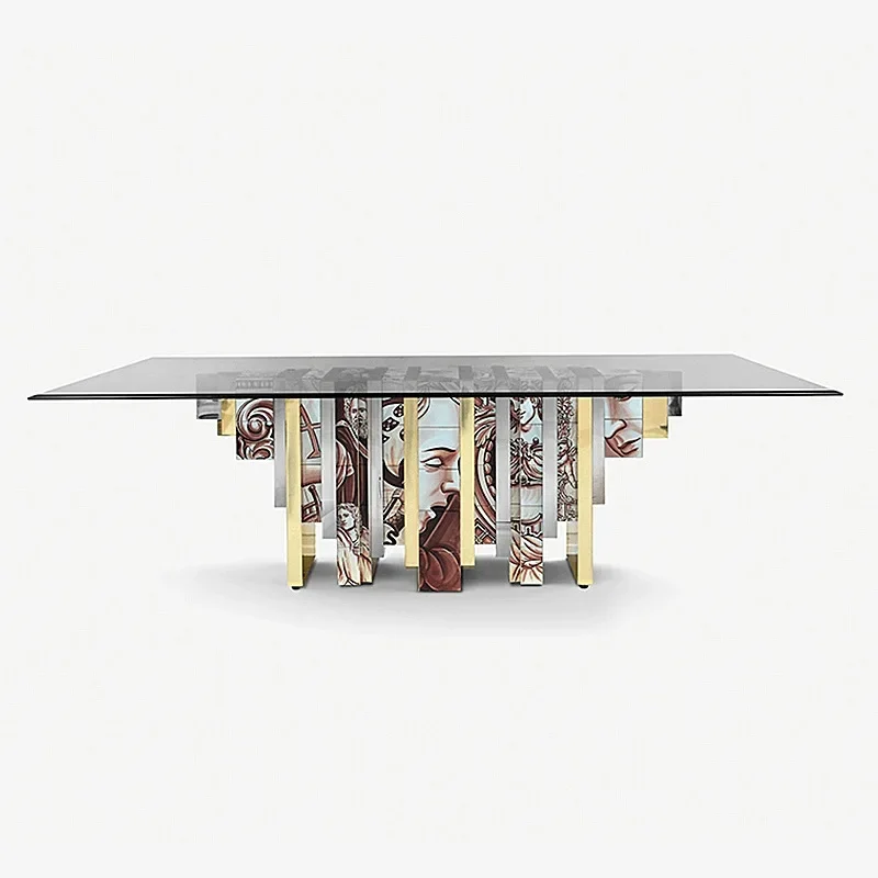 Italian light luxury art hand-painted dining table villa high-end designer solid wood glass long table