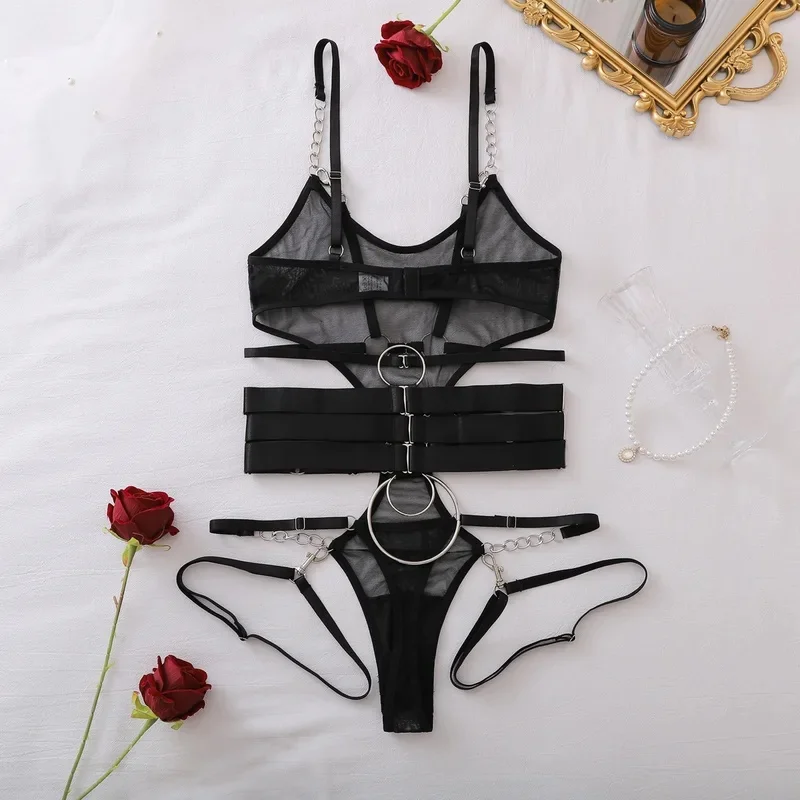 Sexy hot Lingеrie 2026 Personalized Hollow-Out Sheer Mesh Design Bodysuit Set with Waist-Binding Belt