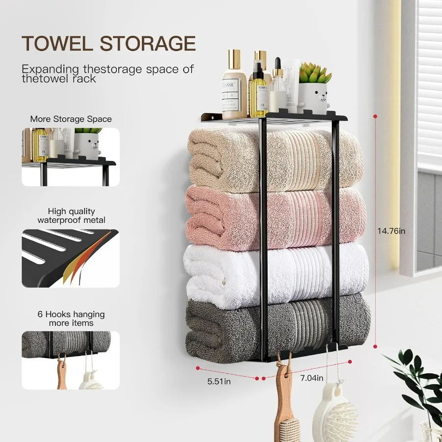 Towel Racks for Bathroom Towel Holder with Shelf and 6 HooksSpace Saving Vertical Hanging Towel Rack Sturdy Metal Wall Mounted