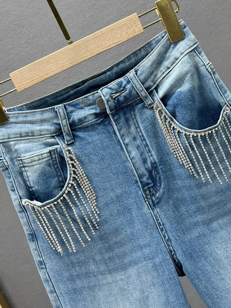 DEAT Women\'s Jeans High Waist Straight Broken Holes Crystal Tassel Wide Leg Denim Long Pants 2024 Autumn New Fashion 29L8592