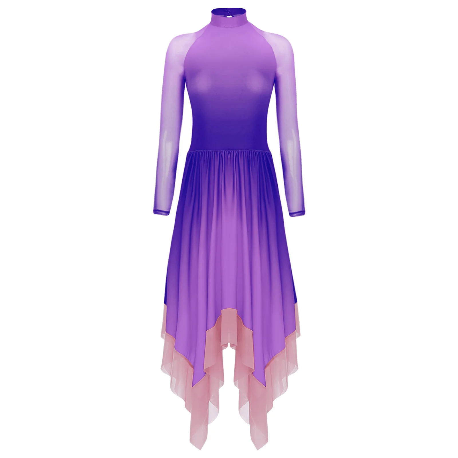 

Womens Lyrical Dance Gradient Dress Mesh Long Sleeve Irregular Hem Gymnastics Leotard Dress for Figure Skating Modern Dance