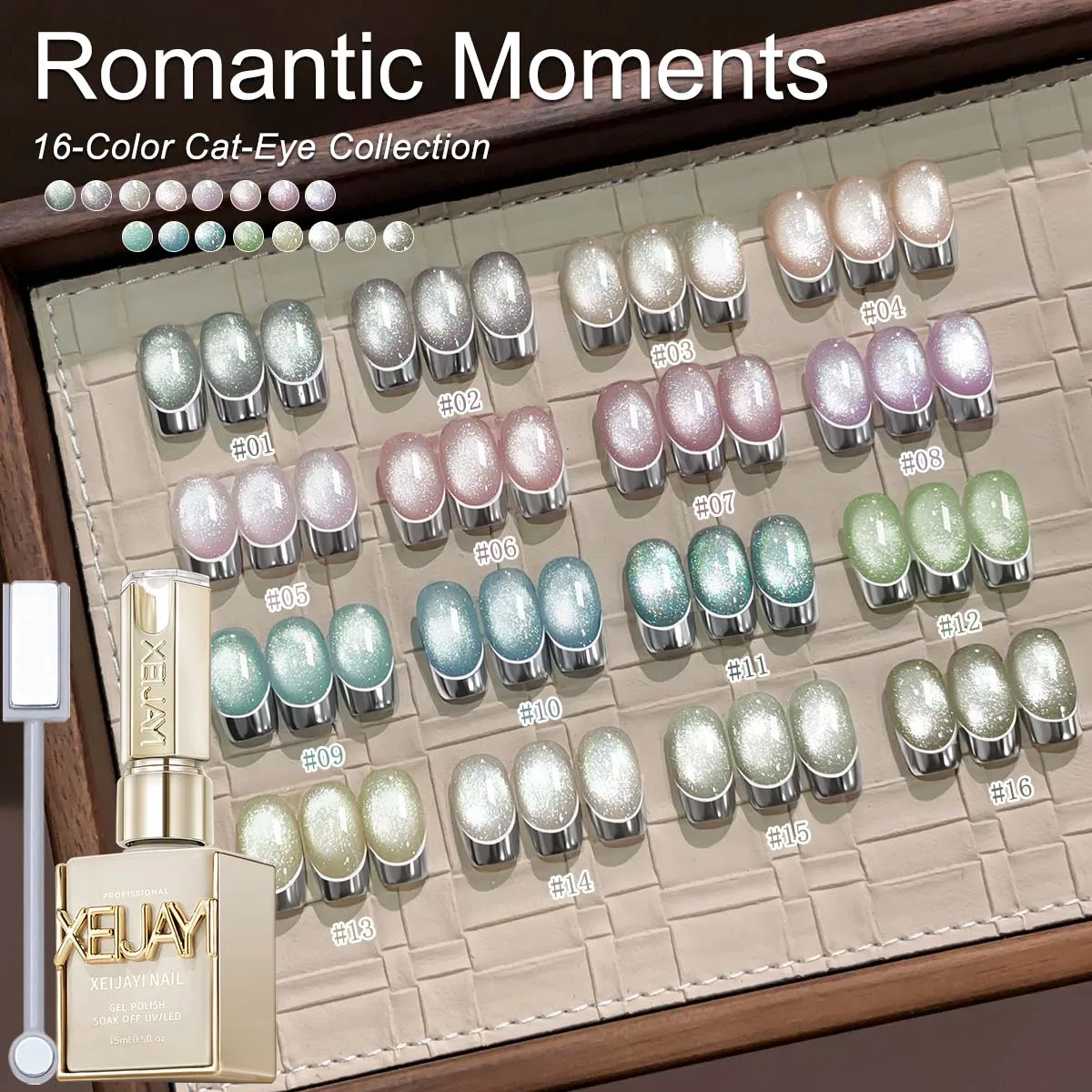 XEIJAYI 16-Color 15ml Cat Eye Gel Nail Polish Set Contains Magnets,UV LED Soaking Nail Gel, Semi-Permanent