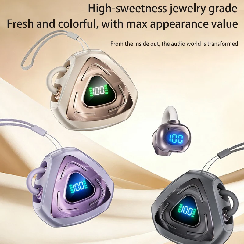 Fones de ouvido modernos com clipe aberto, Bluetooth 5.4 e estojo de carregamento com display digital de alta definição, som de alta qualidade.