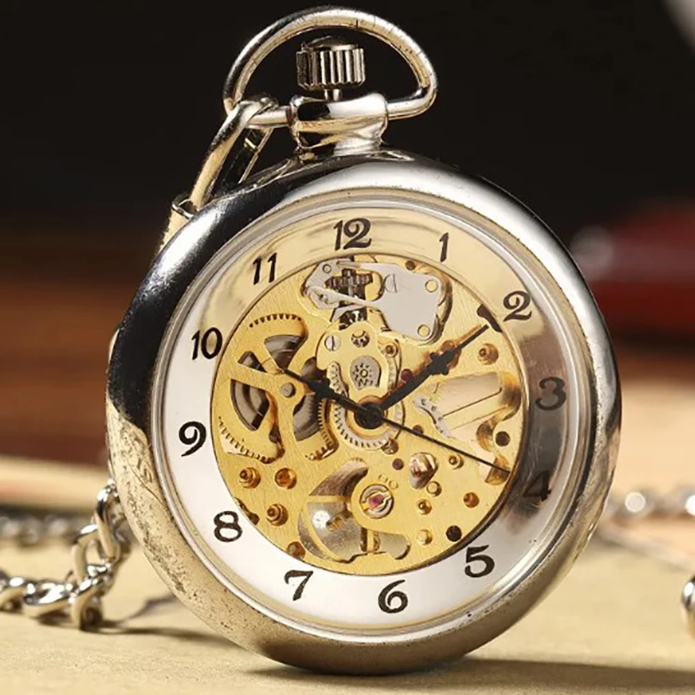 

Elegant Vintage Silver Open Face Mechanical Hand Winding Pocket Watch Arabic Numeral Display Dial Retro Pendant Fob Chain Clock