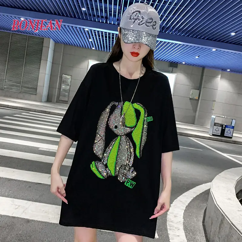 

Harajuku Hip-hop Oversized Beading T-shirt Women 2022 New Loose Mid-length Short-sleeved Top Korean Y2k Tops