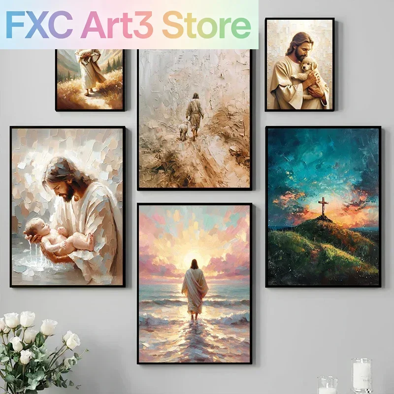 1pc frameless,Walking on Water/Shepherd Jesus Christian Poster Canvas Painting Bible Wall Art Picture for Living Room Home Decor